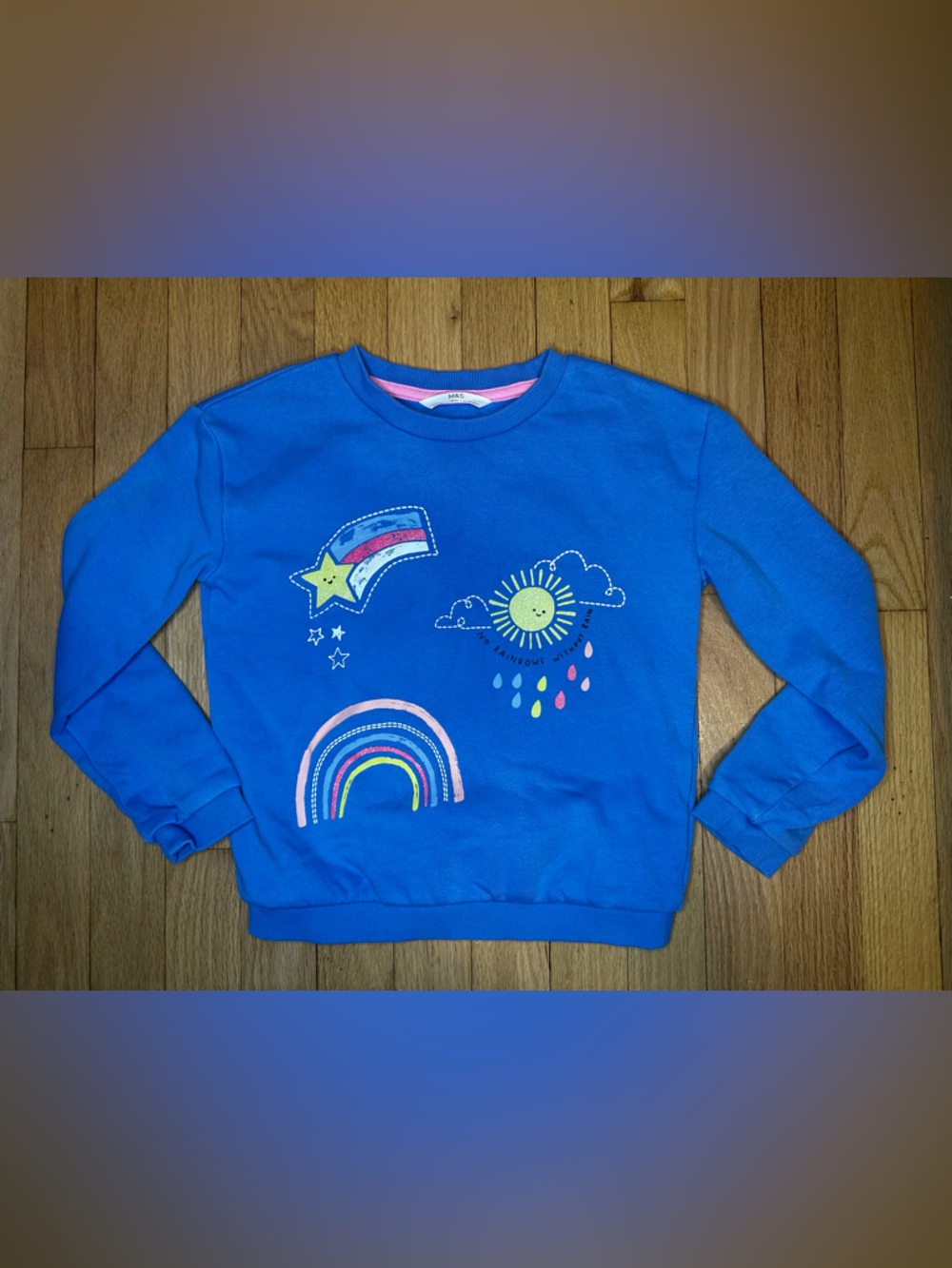 M&S Size:6-7 Girls' Blue Rainbow & Sun Graphic Sweatshirt - Kids